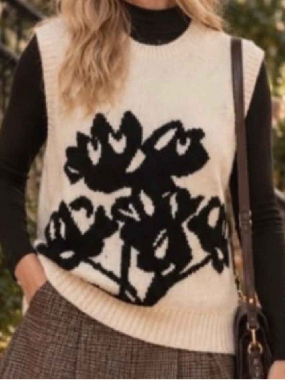 Maeve Cream & Black Floral Intarsia Crewneck Sweater Vest